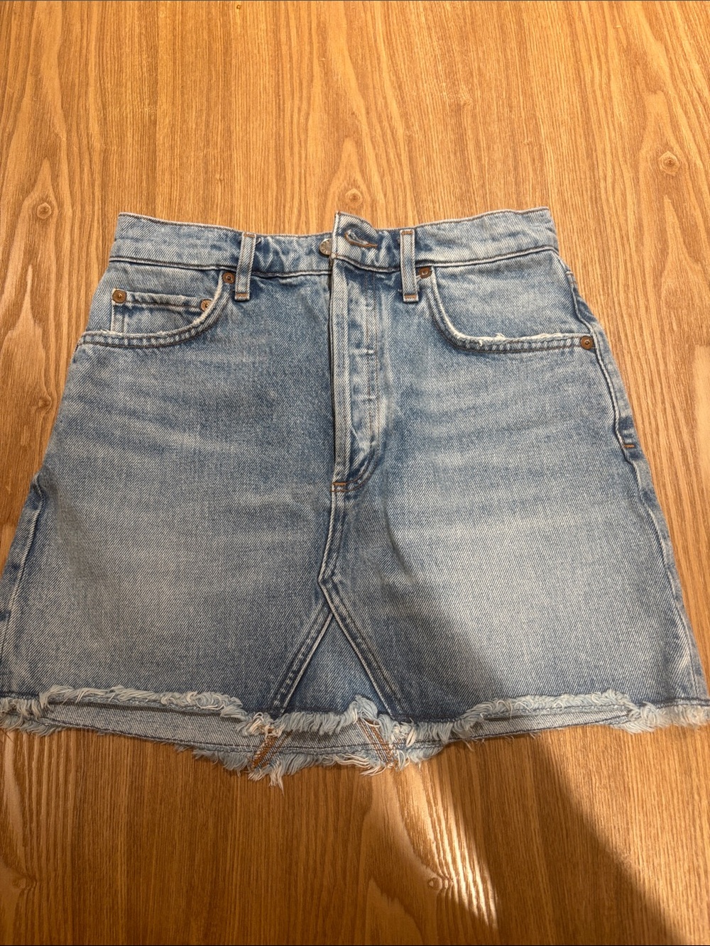 AGOLDE Light Blue Frayed Denim Mini Skirt
